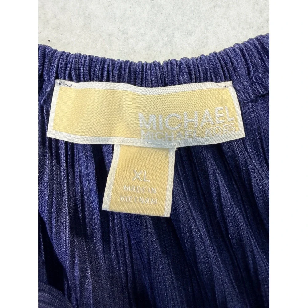 Michael Kors Navy Blue Pleated Bell Sleeve Tunic Blouse XL Keyhole Tie Top